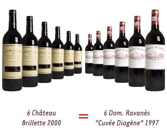 6 bouteilles de CHATEAU BRILLETTE rouge 2000 achetées = 6 bouteilles de DOMAINE DE RAVANES ''Cuvée Diogène'' rouge 1997 offertes